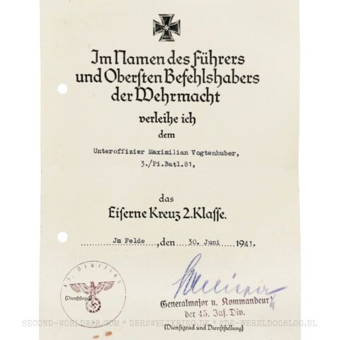 Urkunde Eisernes Kreuz 2. Klasse (EK2) 1941 Ostfront