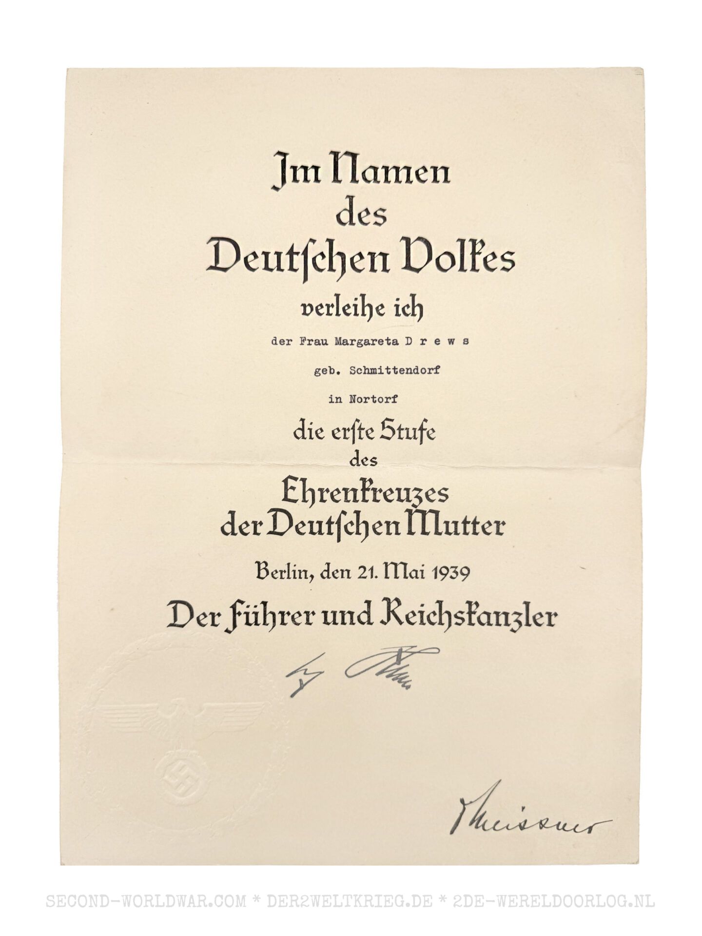 Urkunde Ehrenkreuz der Deutschen Mutter (Mutterkreuz) der 1. Stufe in Gold