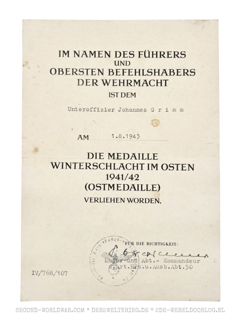 Urkunde Ostmedaille (Winterschlacht im Osten) 1943