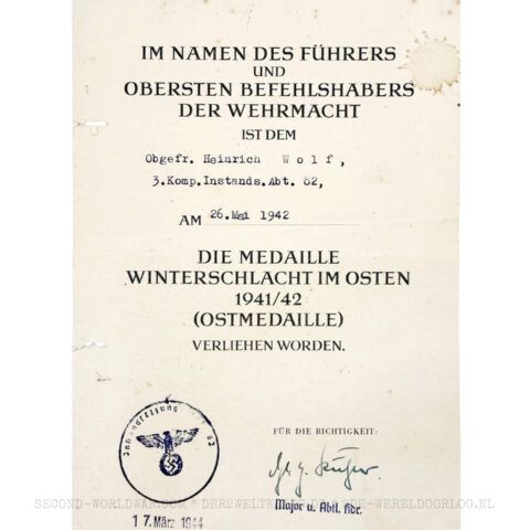 Urkunde Ostmedaille (Winterschlacht im Osten) 1944