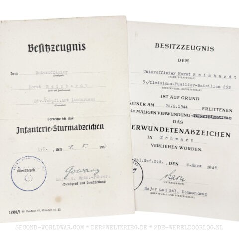Urkunde Infanterie Sturmabzeichen 1943 und Verwundetenabzeichen Schwartz 1944