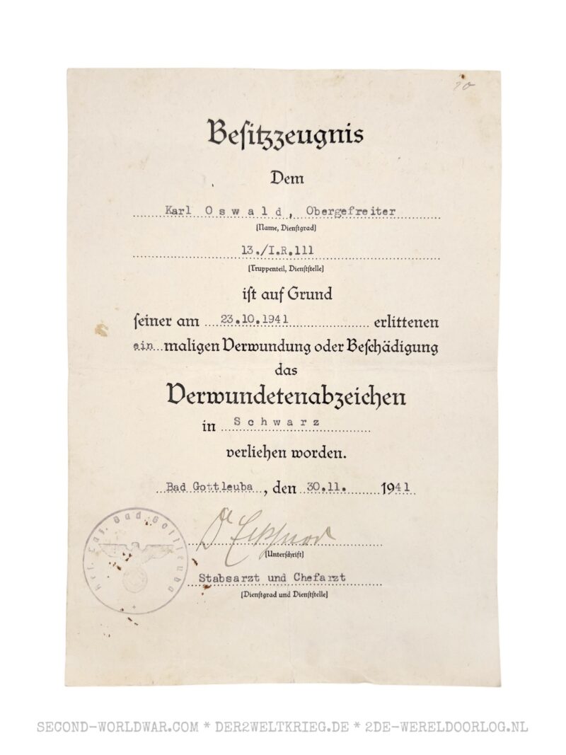 Urkunde Verwundetenabzeichen Schwartz 1941