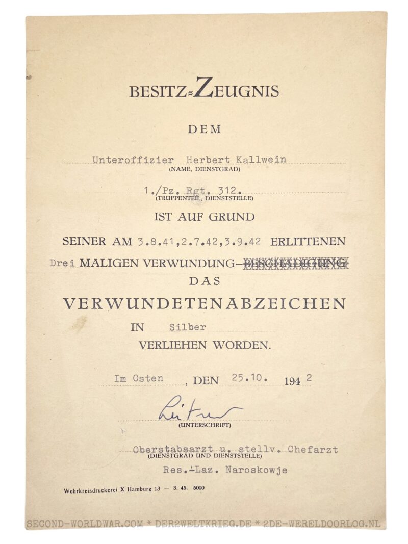 Urkunde Verwundetenabzeichen Silber 1942